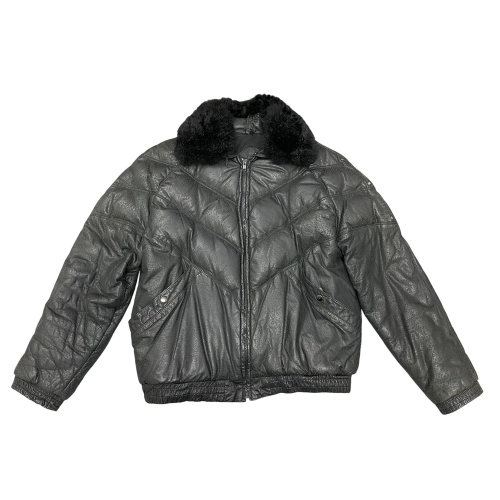 VTG Bermans Mens Leather Puffer Bomber Jacket L Black Down Filled Faux FurCollar